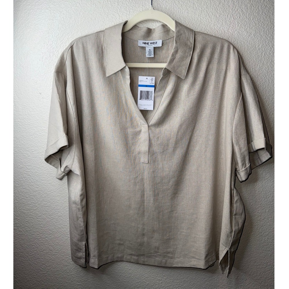Nine West Jeans Women XL Khaki Linen Blend V Neck Polo Pullover Top NWT